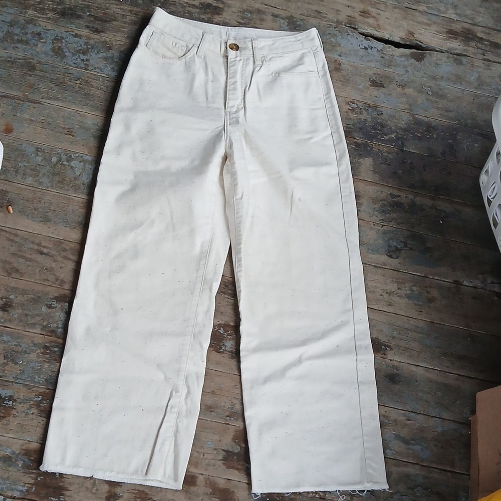 EUC LC Lauren Conrad Wide Leg Ankle Frayed Ankle Speckled Cream Trousers Size 4